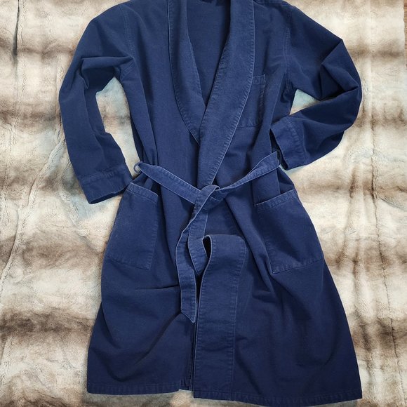 Men's sz M Navy Flannel Shawl Collar Tie Waist 44" Robe - SOFT & THICK - Picture 5 of 12